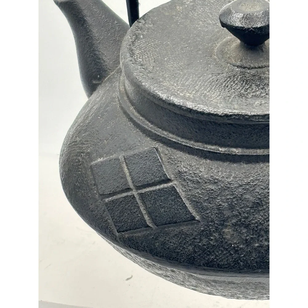 Vintage Japanese Cast Iron Tetsubin Teapot Geometric Pattern + Korean Hangul Cup